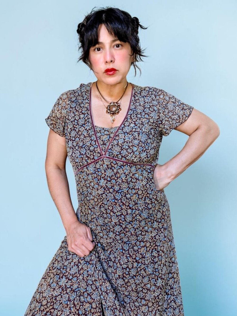 Isabella Bird VTG Y2K fairy grunge floral mesh overlay flutter sleeve silk dress